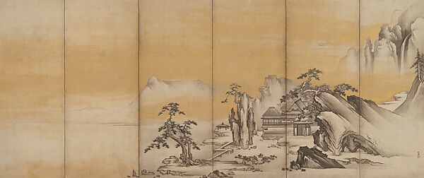 Wang Ziyou Visits Dai Andao (left); A Monk Claps His Hands (right), Kano Sansetsu (Japanese, 1590–1651), Pair of six-panel folding screens; ink and gold paint on paper, Japan 