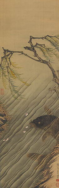 Carp and Cherry Blossom Petals in a Stream, Katsu Jagyoku (Japanese, 1735–1780), Hanging scroll; ink and color on silk, Japan 