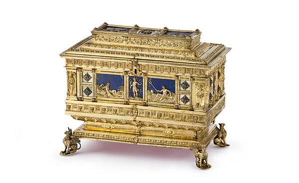 Casket, Hans Straub (1541–1610), Silver (cast, embossed, engraved, etched, gilded), lapis lazuli, motherof-pearl, set stones, enamel, limewood, velvet, metal wire, German, Nuremberg 