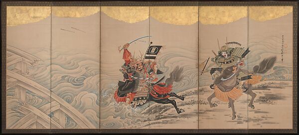 Race at the Uji River, Soga Shōhaku (Japanese, 1730–1781), Six-panel folding screen; ink, color, and gold-leaf on paper, Japan 