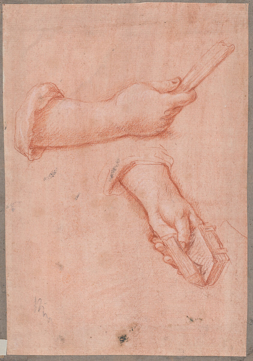 Study of Two Hands, Jacob de Wit (Dutch, Amsterdam 1695–1754 Amsterdam), Red chalk with touches of white chalk on pink tinted paper 