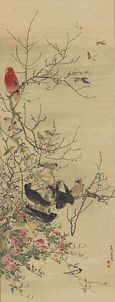 The Parrot “King” and Bird “Courtiers” on Plum and Rose Branches, Nagasawa Rosetsu (Japanese, 1754–1799), Hanging scroll; ink and color on silk, Japan 