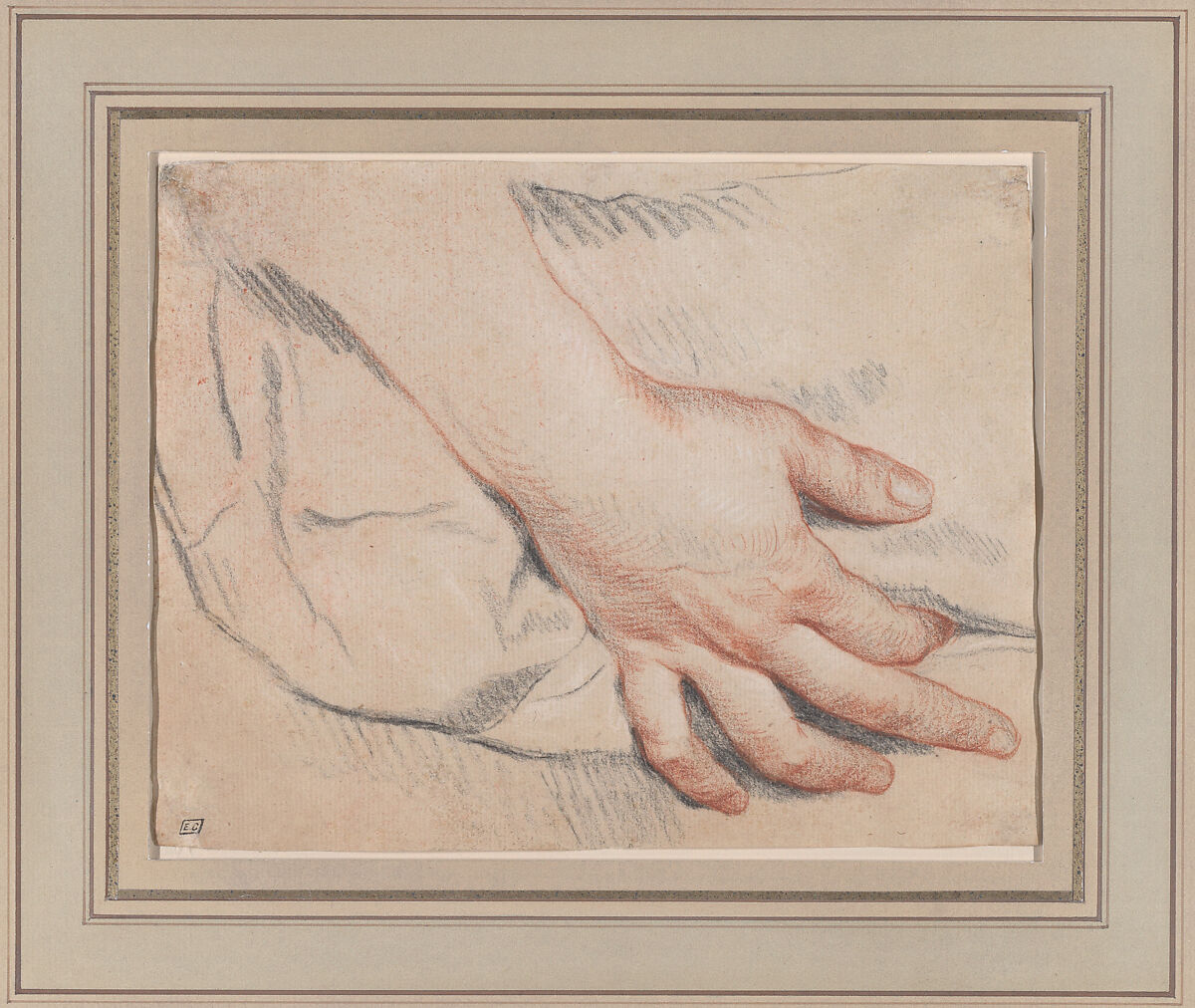 Study of a Hand, Attributed to Jean-Baptiste Greuze (French, Tournus 1725–1805 Paris), Red and black chalk 