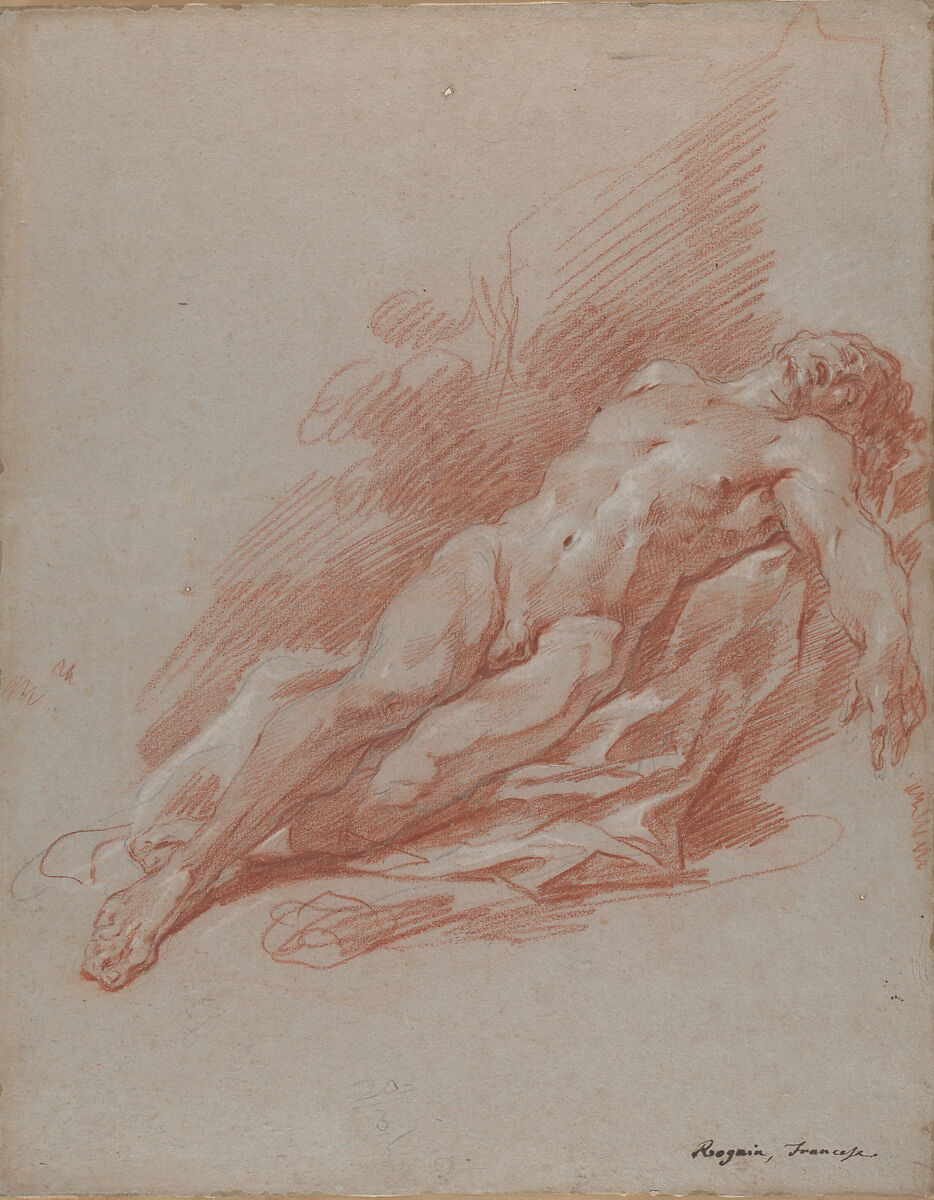 Study of a Male Nude, Anonymous, French  , 18th century, Red, black, and white chalk 