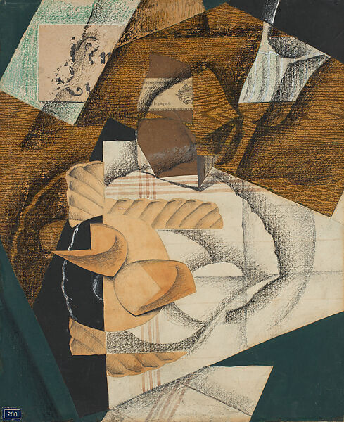 Fruit-Dish on a Striped Cloth, Juan Gris (Spanish, Madrid 1887–1927 Boulogne-sur-Seine), Cut-and-pasted printed wallpaper, laid and wove papers, printed packaging, wax crayon, watercolor, conté crayon, gouache, and graphite on canvas 