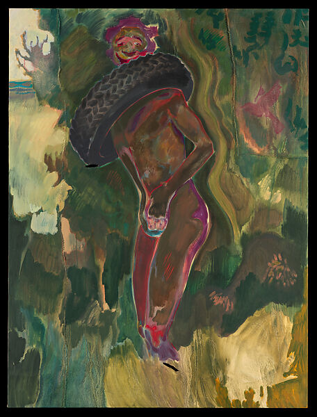 Necklacing, Michael Armitage (Kenyan, born Nairobi, 1984), Oil on lubugo barkcloth 