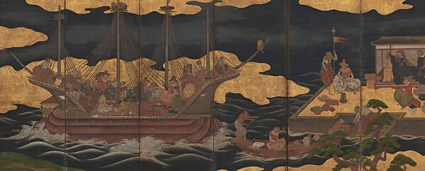 A Portuguese Trading Ship Arrives in Japan, Unidentified artist, Pair of six-panel folding screens; ink, color, gold, and gold-leaf on paper, Japan 