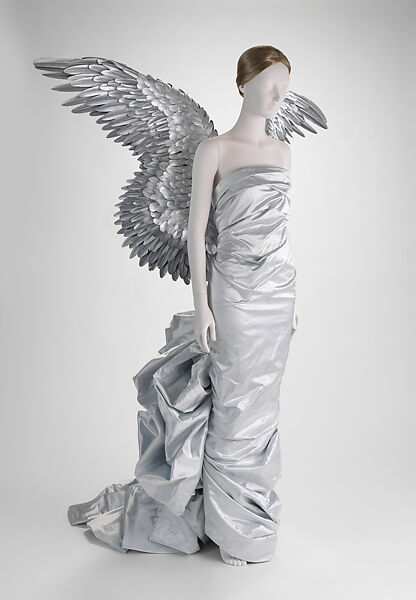 Ensemble, Mugler (French, founded 1974), (a, b) painted feathers, silk, metal, (c) silk, metal, (d) silk, synthetic fiber, metal, (e) silk, French