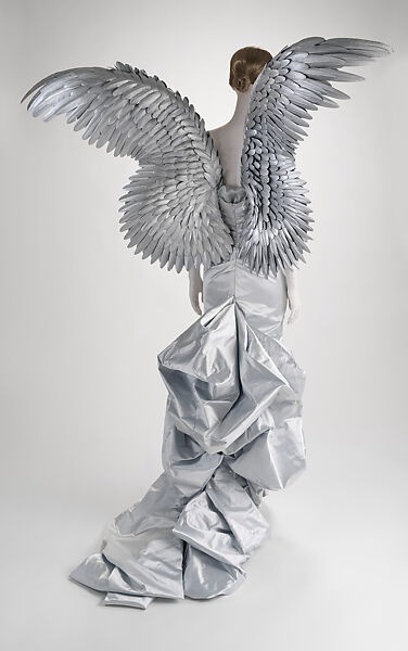 Ensemble, Mugler (French, founded 1974), (a, b) painted feathers, silk, metal, (c) silk, metal, (d) silk, synthetic fiber, metal, (e) silk, French