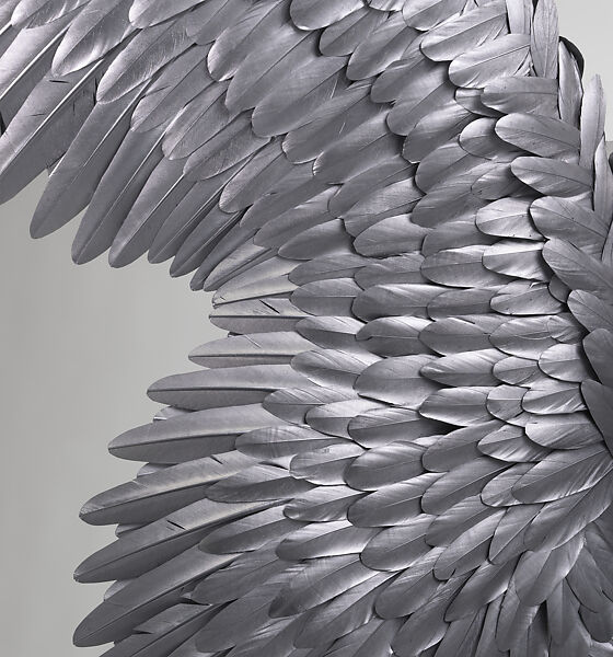 Ensemble, Mugler (French, founded 1974), (a, b) painted feathers, silk, metal, (c) silk, metal, (d) silk, synthetic fiber, metal, (e) silk, French