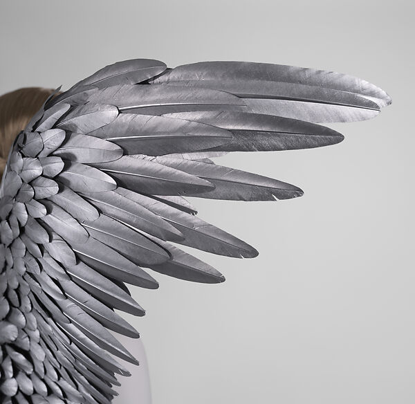 Ensemble, Mugler (French, founded 1974), (a, b) painted feathers, silk, metal, (c) silk, metal, (d) silk, synthetic fiber, metal, (e) silk, French