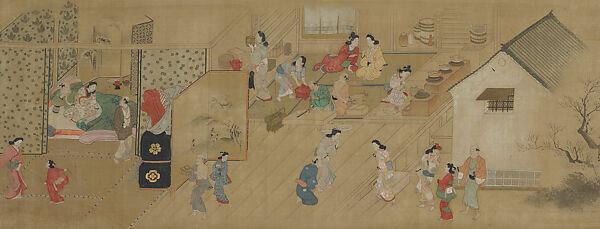 Early Evening at a Yoshiwara Inn, Hishikawa Moronobu 菱川師宣 (Japanese, 1618–1694), Hanging scroll; ink and color on silk, Japan 