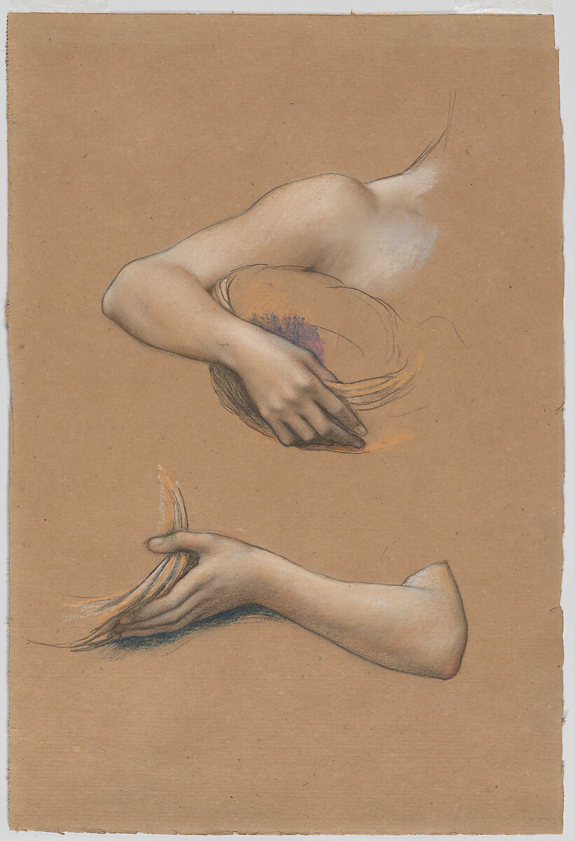 Study of Arms for "The Cadence of Autumn", Evelyn De Morgan (British, London 1855–1919 London), Graphite and pastel on brown paper 