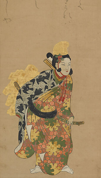 Young Man Dressed as a Female Dancer, Unidentified Artist, Hanging scroll; ink, color, gofun, and gold-leaf on paper, Japan 