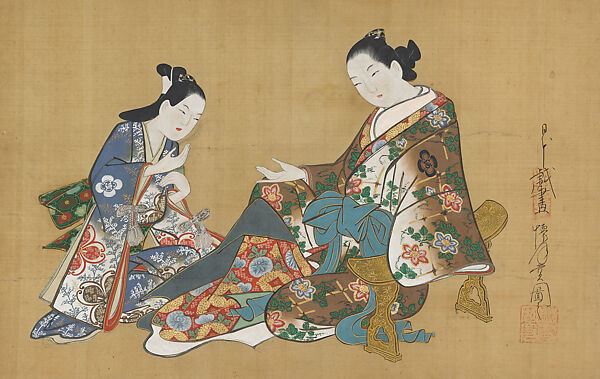 Seated Courtesan with Her Attendant, Kaigetsudō Ando (Japanese, ca. 1671–1743), Hanging scroll; ink, color, and gold-leaf on silk, Japan 