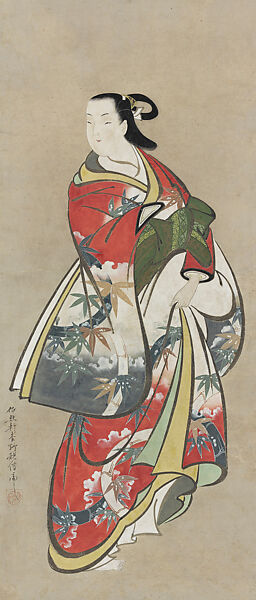 Courtesan in Bamboo-Patterned Kimono, Matsuno Chikanobu (Japanese, active early 18th century), Hanging scroll; ink and color on paper, Japan 