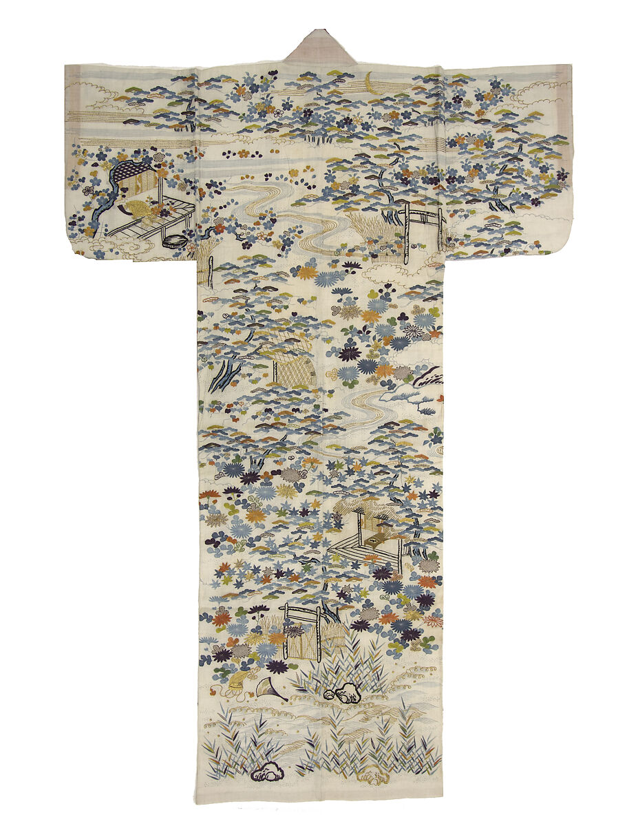 Summer Robe (Katabira) with Seasonal Landscapes and Scenes from The Tale of Genji, Plain-weave ramie with paste resist-dyeing, silk-thread embroidery, and gold-thread couching, Japan