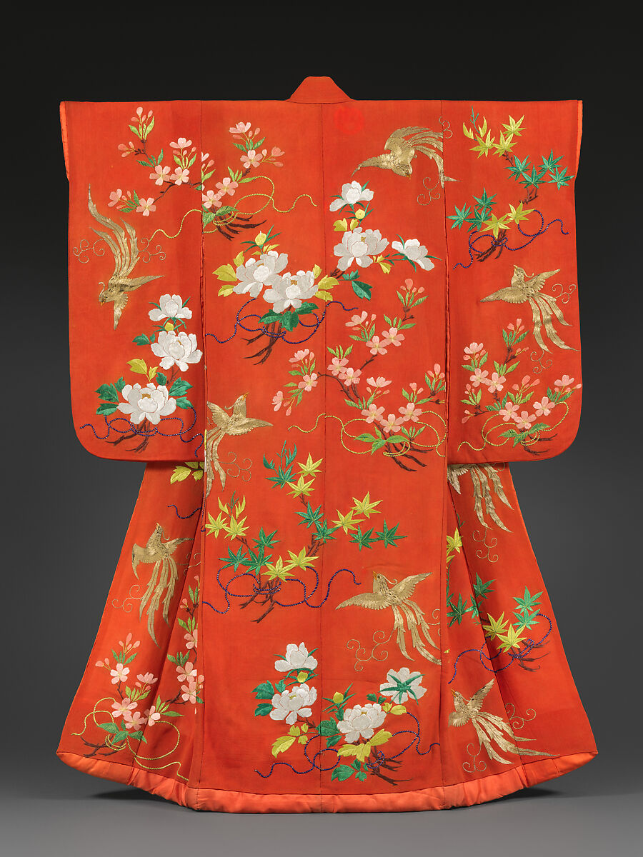 Long-Sleeved Robe (Furisode) with Phoenixes, Cherry Blossoms, Peonies, and Maple Branches, Crepe silk with silk and gold-thread embroidery, Japan 