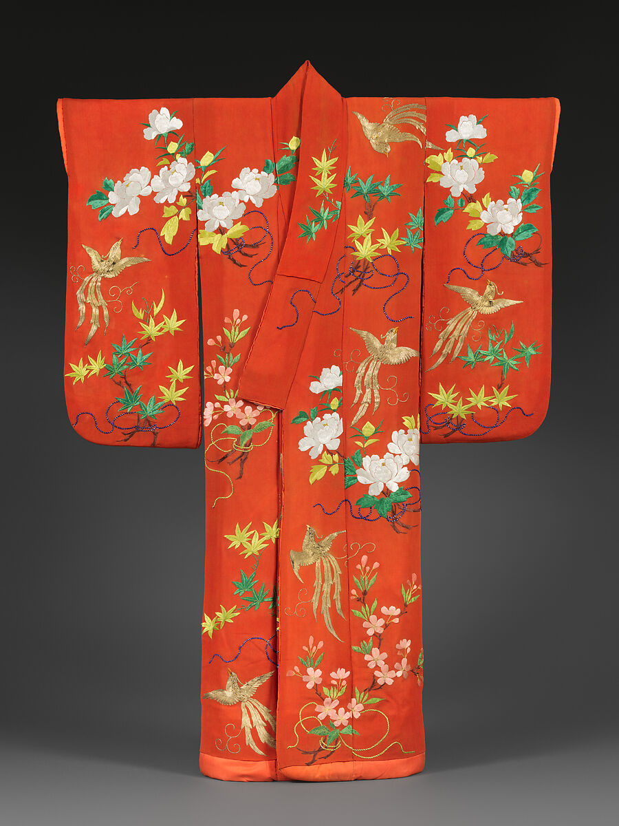 Long-Sleeved Robe (Furisode) with Phoenixes, Cherry Blossoms, Peonies, and Maple Branches, Crepe silk with silk and gold-thread embroidery, Japan