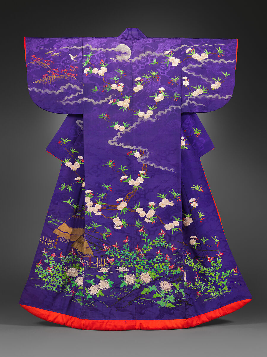 Robe (kosode) with landscape and seasonal flowers, Figured silk satin with silk-and gold-thread embroidery, Japan 