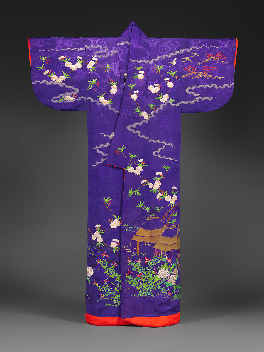 Robe (kosode) with landscape and seasonal flowers, Figured silk satin with silk-and gold-thread embroidery, Japan