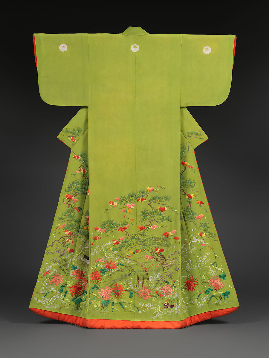 Robe (Kosode) with Pine, Ivy, Chrysanthemums, and River, Crepe silk with resist-dyeing and silk- and metallic-thread embroidery, Japan 