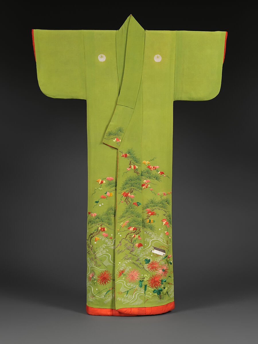 Robe (Kosode) with Pine, Ivy, Chrysanthemums, and River, Crepe silk with resist-dyeing and silk- and metallic-thread embroidery, Japan
