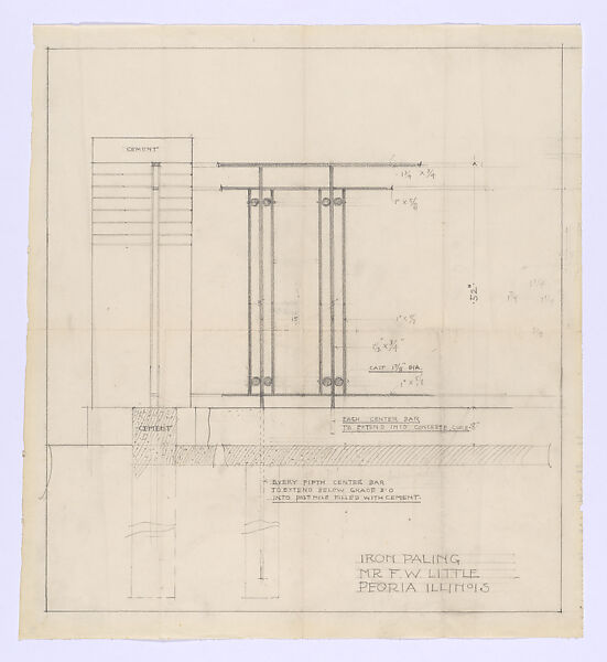 Elevation and Section of Fence, Little House, Peoria Illinois, Frank Lloyd Wright (American, Richland Center, Wisconsin 1867–1959 Phoenix, Arizona), Graphite 