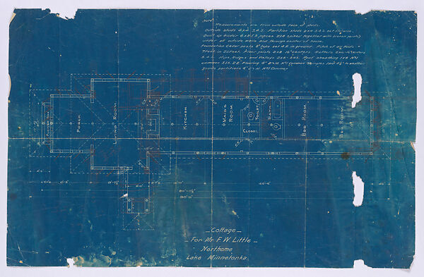 Blueprint of Plan for Cottage for Mr. F. W. Little, Northome, Lake Minnetonka. Verso - Elevation and four sketches for Little House, Wayzata, Minnesota, Frank Lloyd Wright (American, Richland Center, Wisconsin 1867–1959 Phoenix, Arizona), Blueprint, red pencil, and graphite