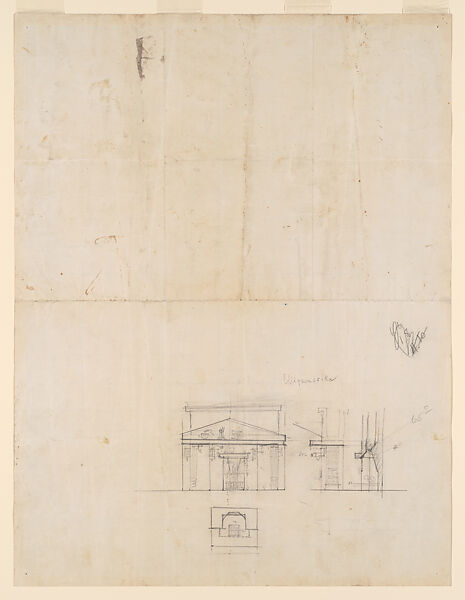 Section of Residence and Modified Base, Little House, Wayzata, Minnesota. Verso- Elevation, plan, and two sections through a fireplace, Frank Lloyd Wright (American, Richland Center, Wisconsin 1867–1959 Phoenix, Arizona), Graphite