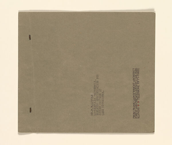 Skeleton Specification for Summer Cottage at Lake Minnetonka, Frank Lloyd Wright (American, Richland Center, Wisconsin 1867–1959 Phoenix, Arizona), Typed ink on tissue paper