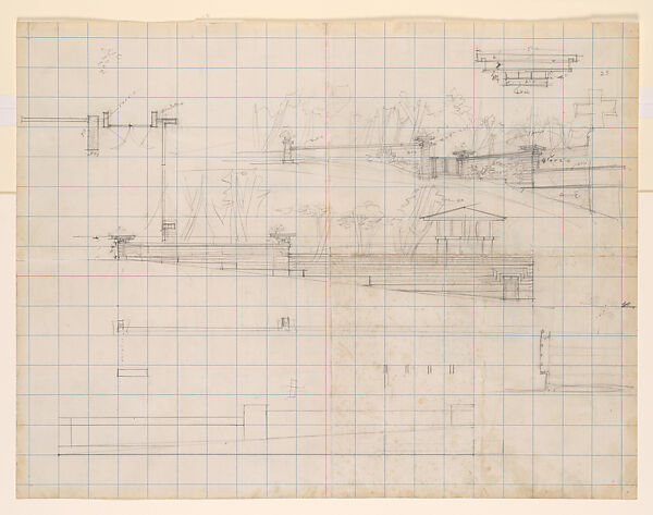 Perspective, elevation, and partial plan of garden wall; Verso-Elevation and Plan of Lake House, Wayzata, Minnesota, Frank Lloyd Wright (American, Richland Center, Wisconsin 1867–1959 Phoenix, Arizona), Graphite