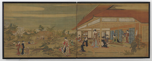 Pastimes of a Spring Afternoon, Utagawa Toyoharu (Japanese, 1735–1814), Two-panel folding screen; ink and color on silk, Japan 