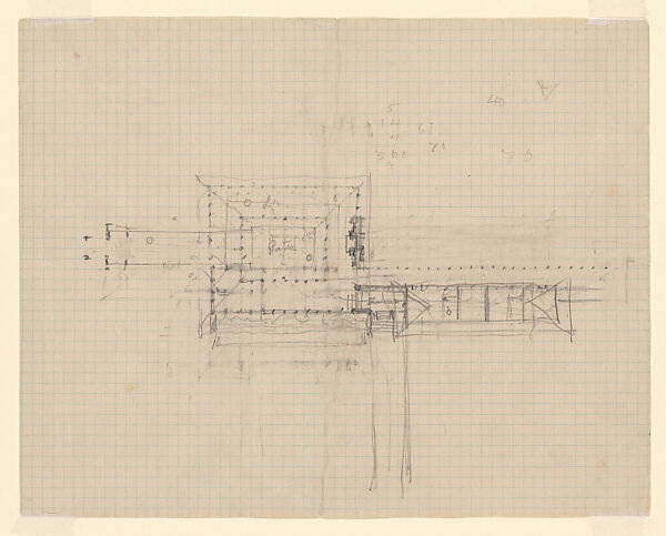 Drawing for "Concept B" living room with patio and courtyard, Little House, Wayzata, Minnesota. Verso-Drawing for "Concept C" living room turned 90 degrees and no patio, Little House, Wayzata, Minnesota, Frank Lloyd Wright (American, Richland Center, Wisconsin 1867–1959 Phoenix, Arizona), Graphite 