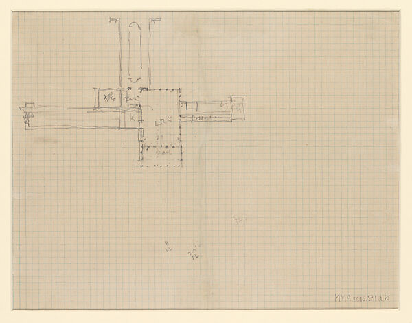 Drawing for "Concept B" living room with patio and courtyard, Little House, Wayzata, Minnesota. Verso-Drawing for "Concept C" living room turned 90 degrees and no patio, Little House, Wayzata, Minnesota, Frank Lloyd Wright (American, Richland Center, Wisconsin 1867–1959 Phoenix, Arizona), Graphite