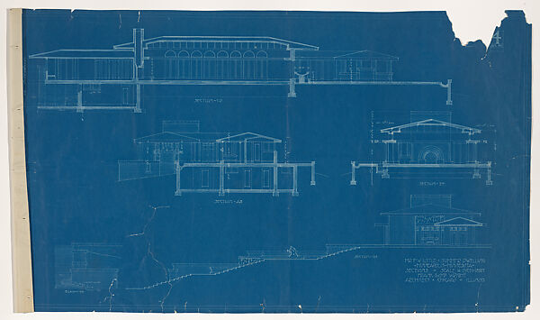 Four Sections and Partial Elevation of Entry Steps, Mr. F. W. Little Summer Dwelling, Minneapolis, Minnesota, Frank Lloyd Wright (American, Richland Center, Wisconsin 1867–1959 Phoenix, Arizona), Blueprint