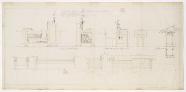 Elevation of Furnishings, Living Room,  Little House Wayzata, MN, Frank Lloyd Wright (American, Richland Center, Wisconsin 1867–1959 Phoenix, Arizona), Graphite and colored pencil 