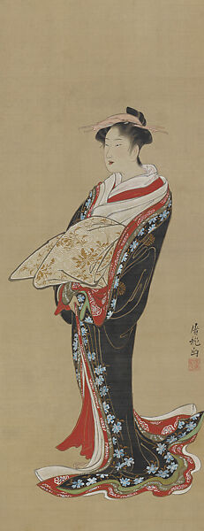 Standing Courtesan, Sakai Hōitsu (Japanese, 1761–1828), Hanging scroll; ink, color, and gold on silk, Japan 