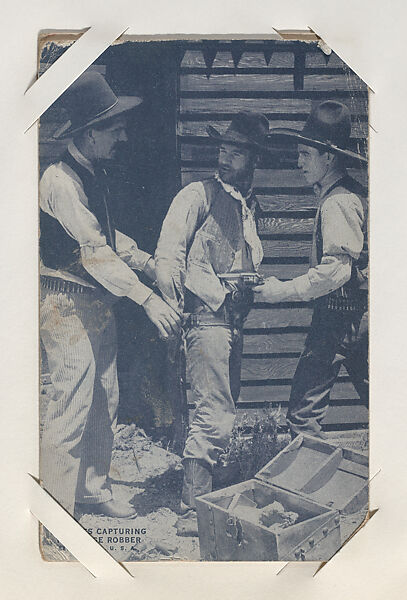 Sheriffs capturing the stage robber from Western Stars or Scenes Exhibit Cards series (W412), Commercial color photolithograph 