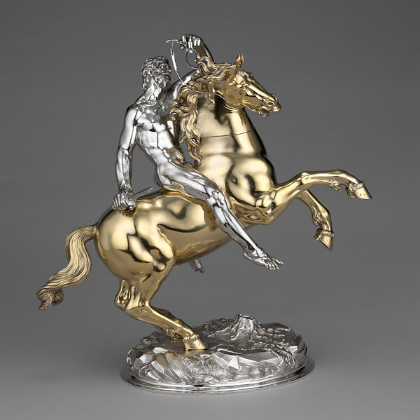 Drinking Cup in the Form of a Horse and Rider, Hans Ludwig Kienle (German, 1591–1653), Silver (partially gilded), German, Ulm 