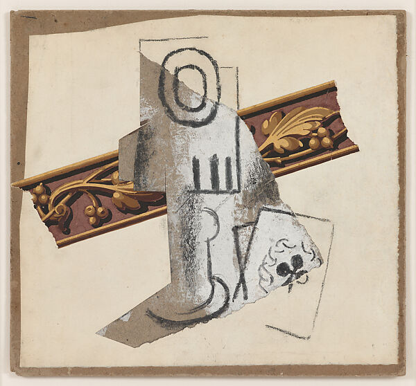 Glass and Card, Pablo Picasso (Spanish, Malaga 1881–1973 Mougins, France), Gouache, conté crayon, cut-and-pasted printed wallpaper, and wove paper on paper mounted on paperboard 