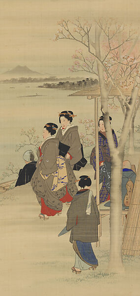Women Strolling along the Sumida Riverbank, Utagawa Hiroshige (Japanese, Tokyo (Edo) 1797–1858 Tokyo (Edo)), Hanging scroll; ink and color on silk, Japan 