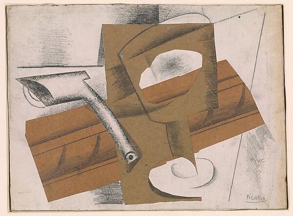 Pipe and Wineglass, Pablo Picasso (Spanish, Malaga 1881–1973 Mougins, France), Cut-and-pasted wove and laid papers and graphite on paper 