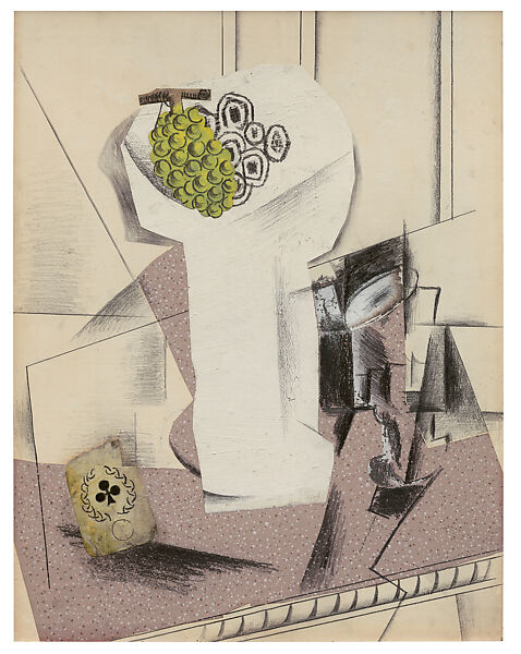 Playing Card, Fruit Dish, Glass, Pablo Picasso (Spanish, Malaga 1881–1973 Mougins, France), Cut-and-pasted printed wallpaper, laid and wove papers, oil and graphite on paper 