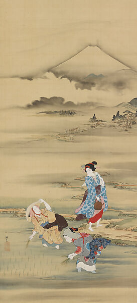 Women Planting Rice, Teisai Hokuba (Japanese, 1771–1844), Hanging scroll; ink and color on silk, Japan 
