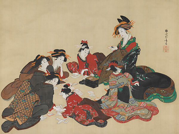 Women Playing a Poetry-matching Card Game, Teisai Hokuba (Japanese, 1771–1844), Hanging scroll; ink and color on silk, Japan 