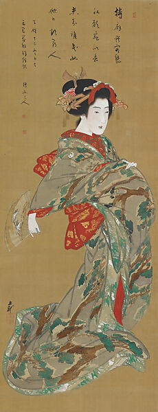 Beauty Dancing, Mihata Jōryō (Japanese, active 1830–1844), Hanging scroll; ink and color on silk, Japan 