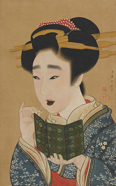 Woman Applying Makeup, Gion Seitoku (Japanese, active 1789–1830), Hanging scroll; ink and color on paper, Japan 