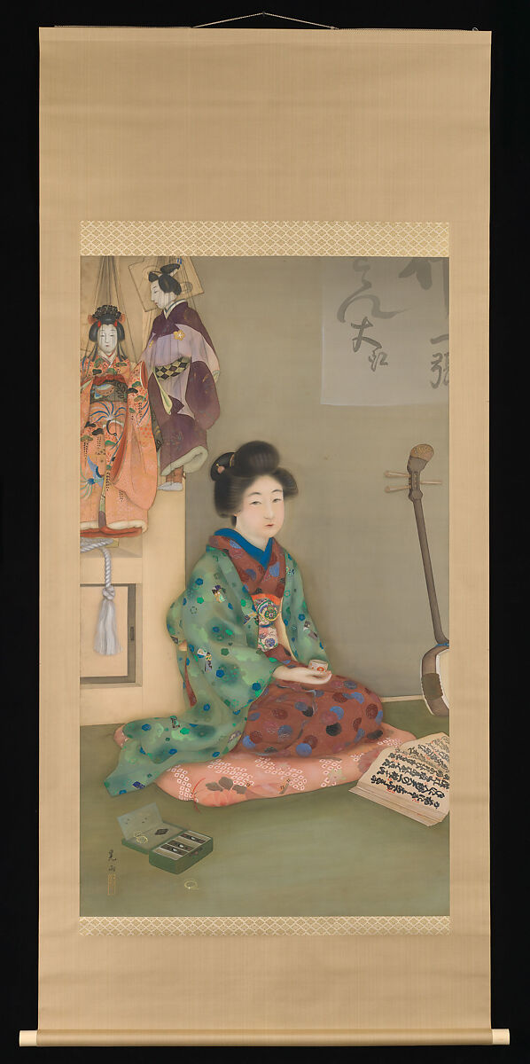 Female Chanter for Jōruri Puppet Theater, Arai Kōu (Japanese, active early 20th century), Hanging scroll; ink, color, and gold on silk, Japan