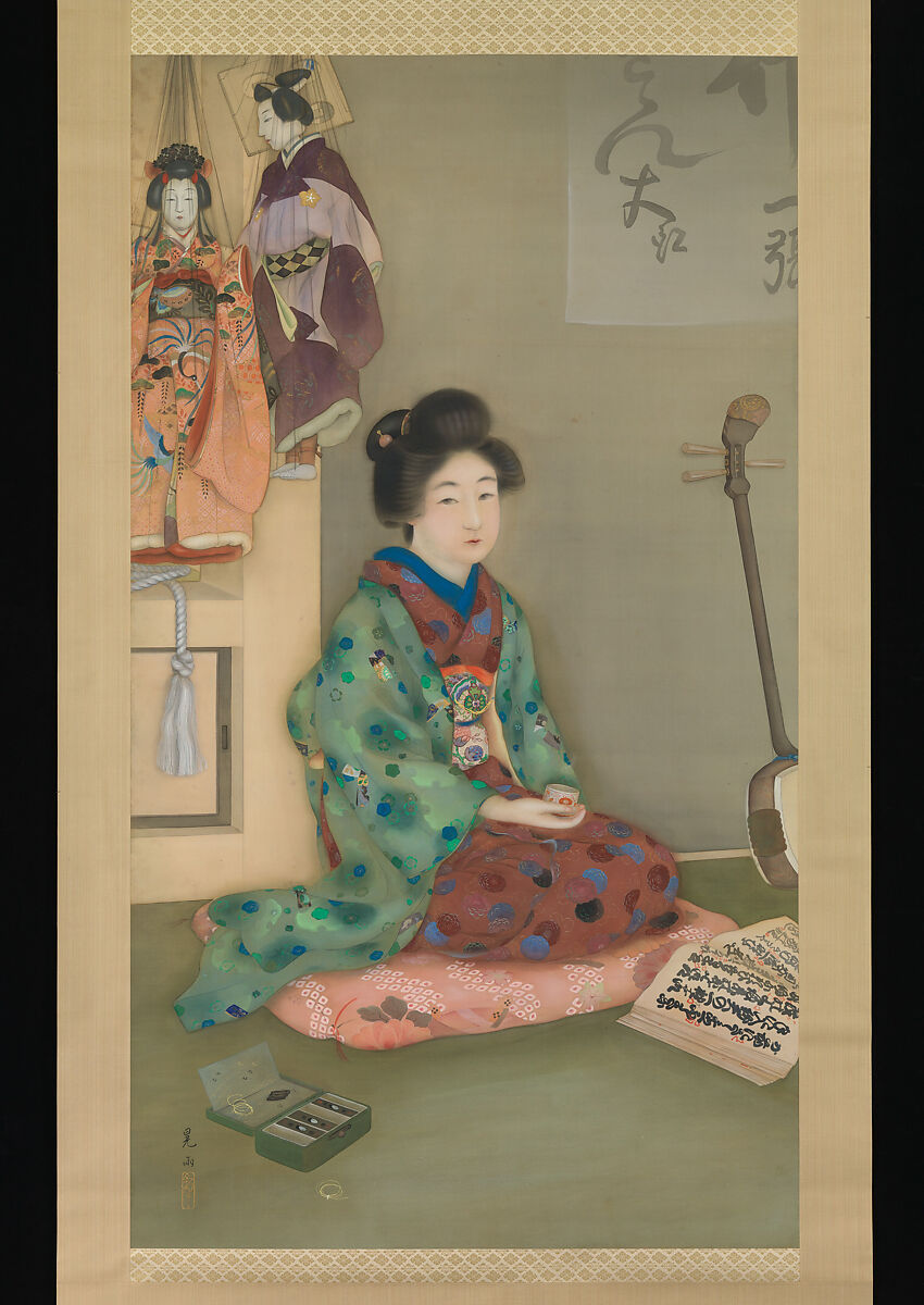 Female Chanter for Jōruri Puppet Theater, Arai Kōu (Japanese, active early 20th century), Hanging scroll; ink, color, and gold on silk, Japan 